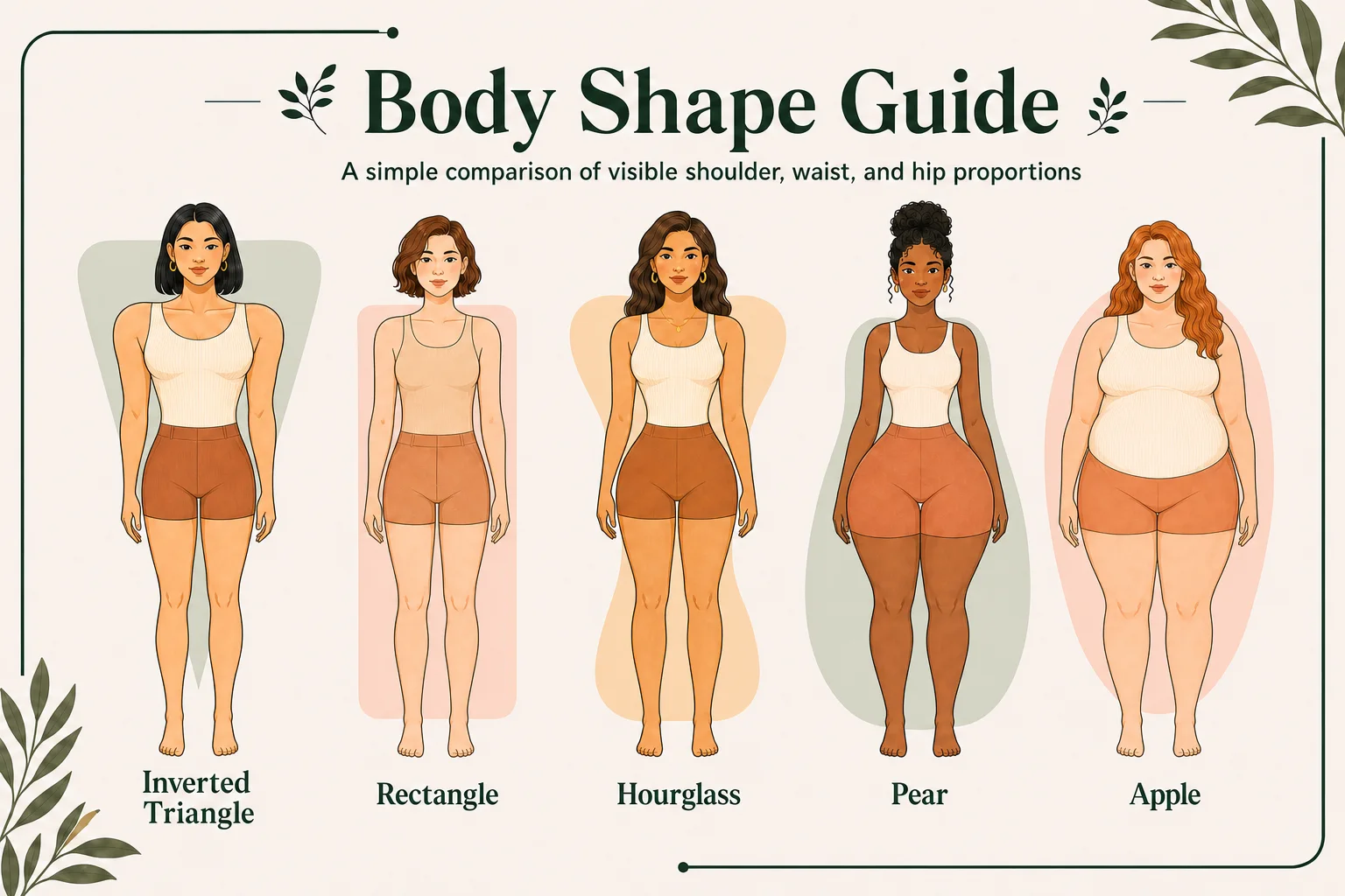 Illustrated comparison of inverted triangle, rectangle, hourglass, pear, and apple body shapes